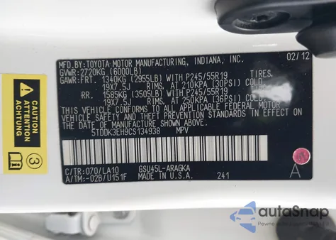 2012 Toyota Highlander Limited V6 z USA, uszkodzony, nr VIN 5TDDK3EH9CS134938